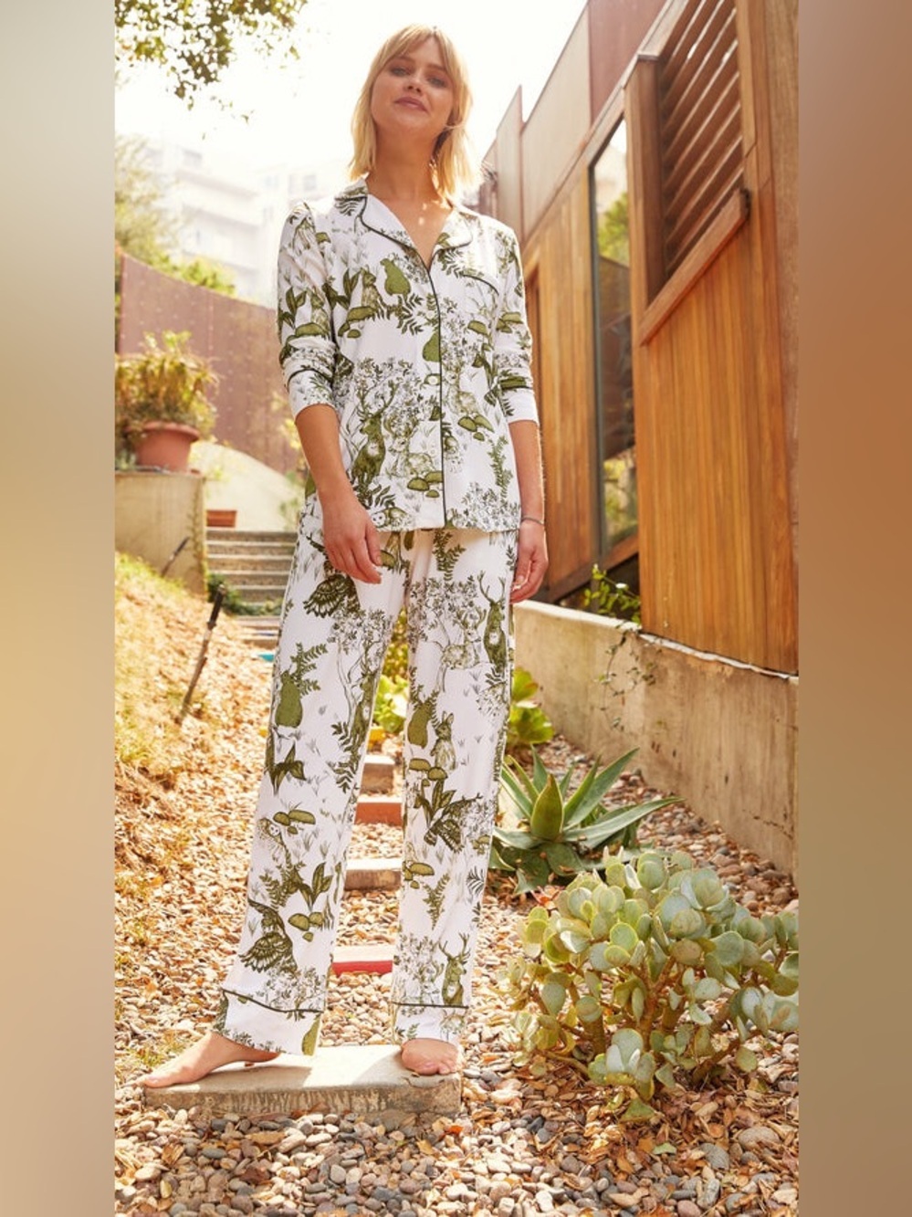 The Cat’s Pajamas Woodside Pima Knit Capri pants modal deer toile owl forest